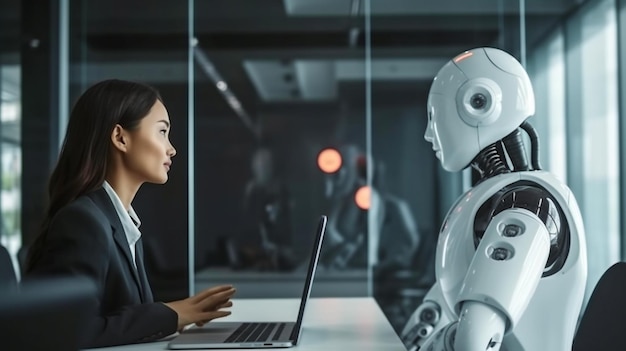 Generative AI and a young executive using a robot in the workplace