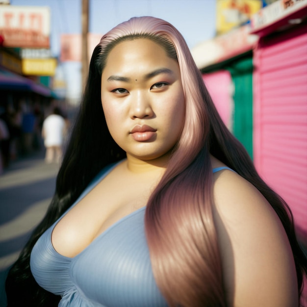 Generative ai young fashionable plus size asian woman posing outdoors