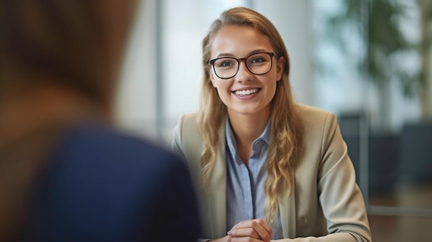 Foto generative ai giovane richiedente femminile che ride durante il colloquio di lavoro