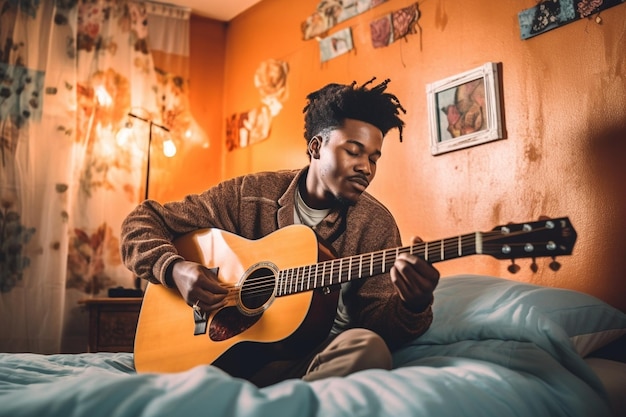 Генеративный ИИ Молодой сосредоточенный африканский музыкант-мужчина с классической акустической гитарой, сочиняющий музыку