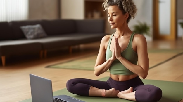 Генеративный ИИ Молодая счастливая спортивная женщина в спортивной одежде, стоящая онлайн на тренировках по йоге