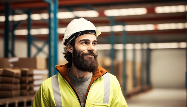 Generative AI young happy worker man with hat and beard working in warehouse