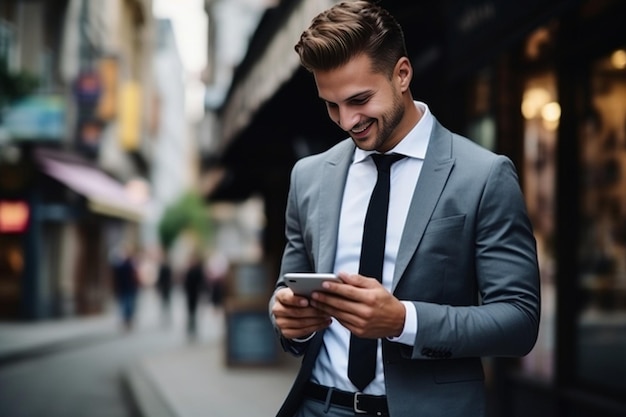 제너레이티브 AI 젊은 사업가가 양복을 입고 거리를 걸어가며 메시지 뉴스를 읽는다.