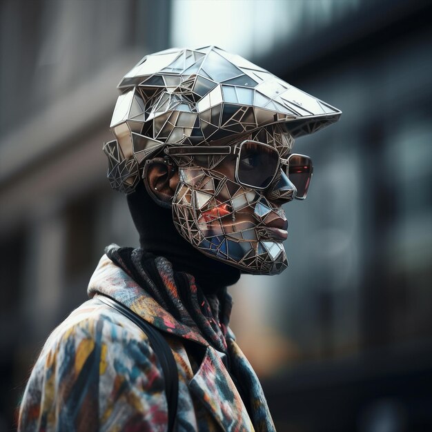 Photo generative ai young man in fashionable futuristic cube dress walking outdoors city streets