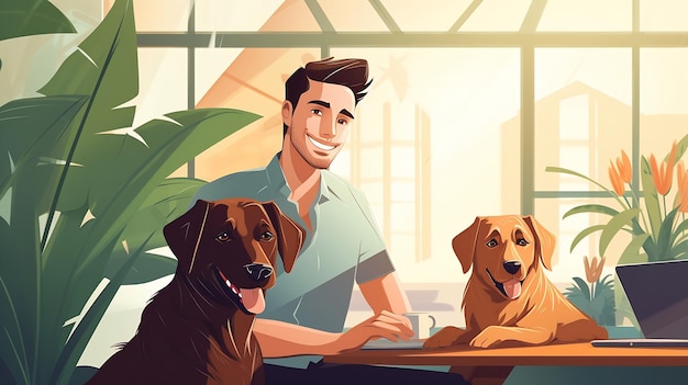 Generative AI Young man with cute Labrador dog at table in office