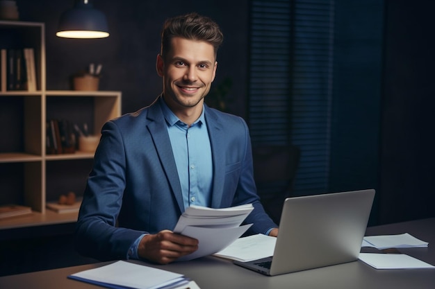 Generative AI A young man works in the office at a table behind a laptop Feels severe pain sprai