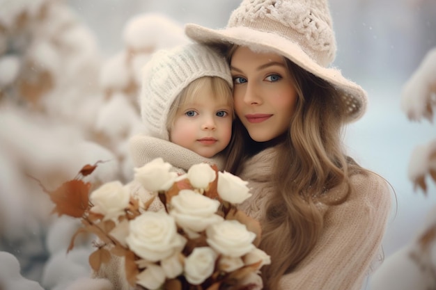 Generative AI Young mom holding small beautiful baby girl outside winter landscape
