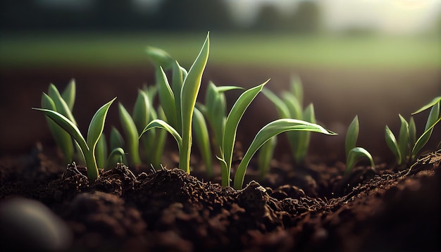 Generative AI Young plant Growing In sunlight from the ground macro photorealistic illustration