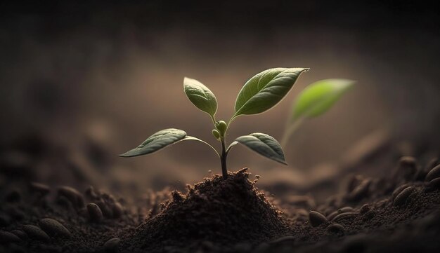 Generative AI Young plant Growing In sunlight from the ground macro photorealistic illustration