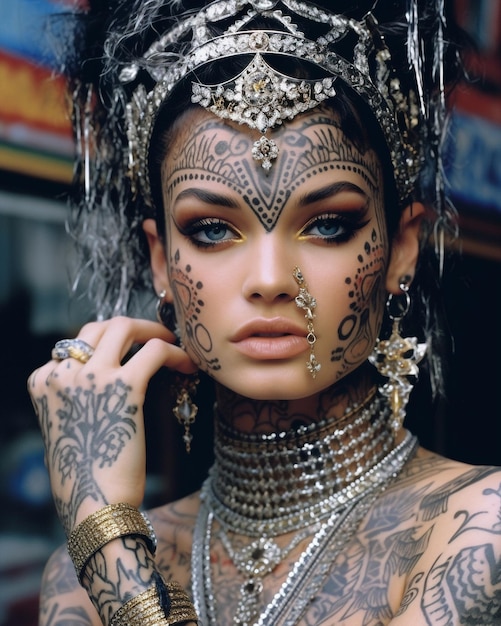 Generative ai young stylish tattooed woman posing outdoors city streets