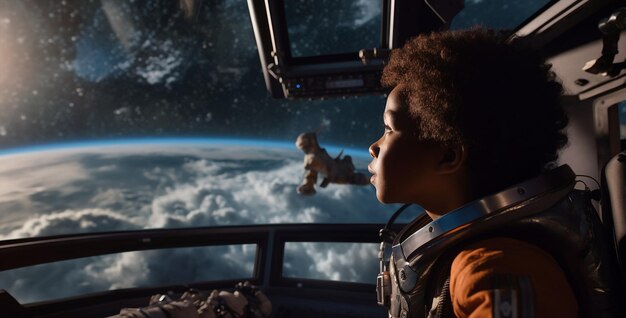 Foto generativo ai giovane bambino astronauta che indossa la tuta che atterra sul nuovo pianeta