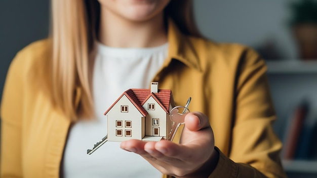 Photo generative ai young woman agent holding small house model and keys