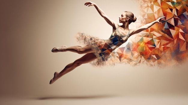 Generative AI young woman dancing ballet on a white background with an abstract design element