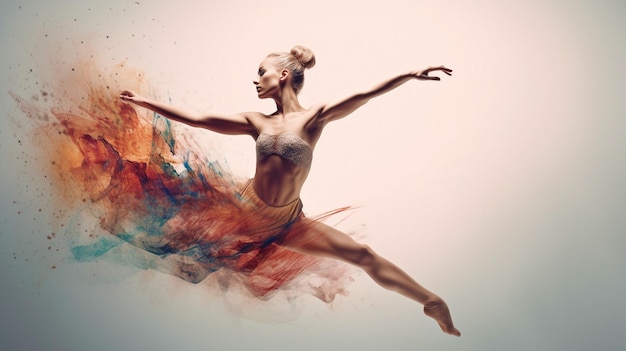 Foto generative ai giovane donna che balla balletto su uno sfondo bianco con un elemento di disegno astratto