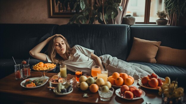 Generative AI a young woman resting down on the sofa beside a table with fresh food and drinks