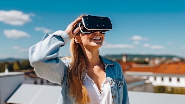 Генеративный ИИ и молодая женщина в очках виртуальной реальности на крыше