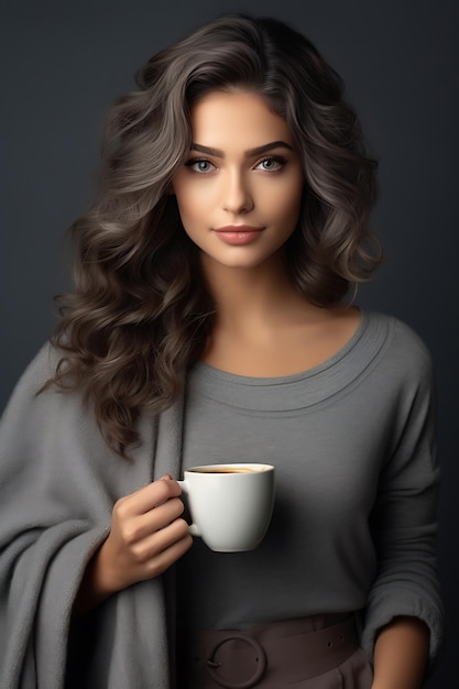 Generative AI Young woman with cup of coffee on grey background