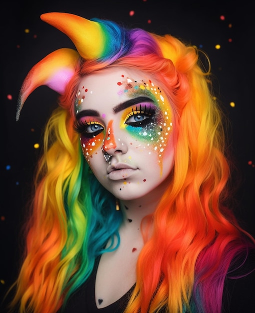 Generative ai young woman with multicolored hair and creative make up and hairstyle