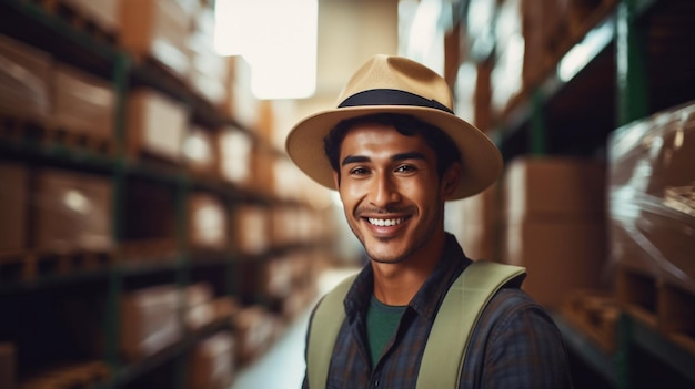 Generative AI youthful happy worker man with hat working in warehouse