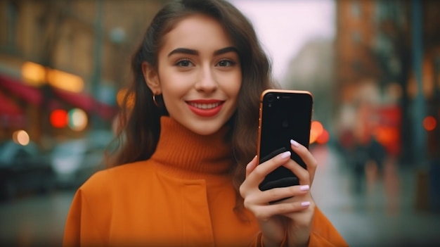 Generative AI youthful smiling woman clutching phone