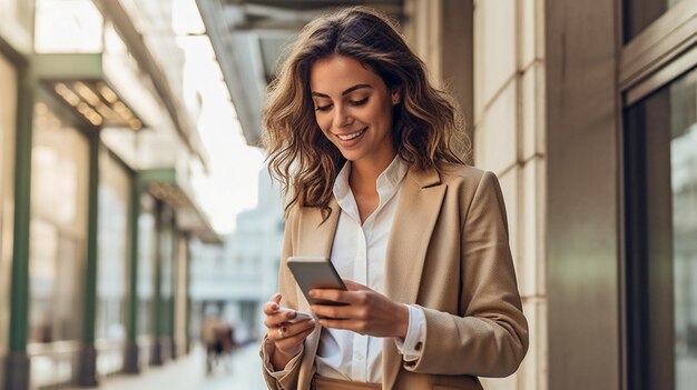 Foto generative ai giovane donna alla moda che scorre sullo smartphone