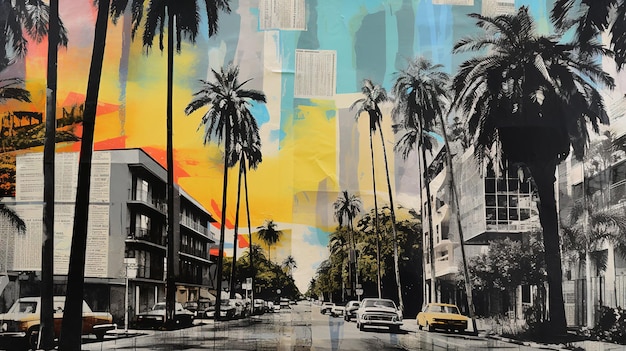 Generative AI Zwart-wit vintage krantencollage met straten en palmbomen in Los Angeles