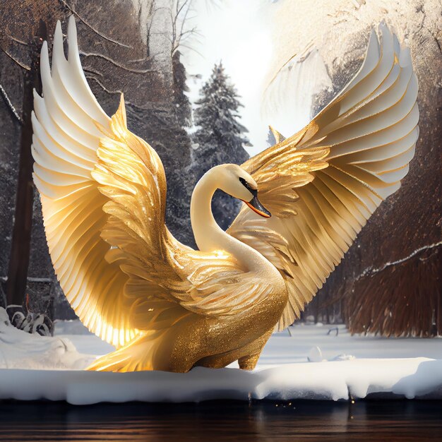 Photo generative aibeautiful golden swan in a lake with snow and castle