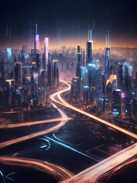 A generative AIcontrolled cityscape with a complex network of roads and pathways illuminated by t