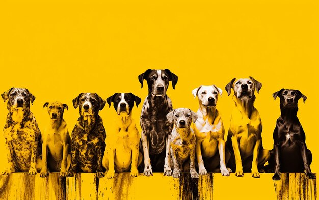 Generative art group of sitting dogs on yellow background