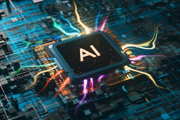 A generative artificial intelligence cpu that emits colorful light 3d rendering