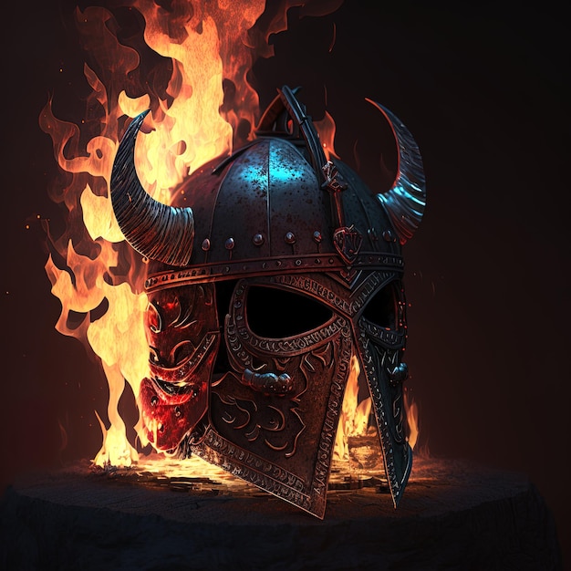 Generative A iron and leather viking helmet glowing with deep red fire light shimmering Focus metal viking warrior helmet with horns and runes