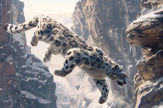 Genereer een dramatische scène van een sneeuwleopard leapin generatieve ai