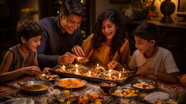 Genereer een levendig en feestelijk AI-beeld met Diwali-thema dat de vreugdevolle viering van licht laat zien c