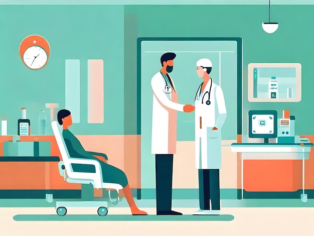 Genereer een minimalistische illustratie van een arts en patiënt in een ziekenhuis