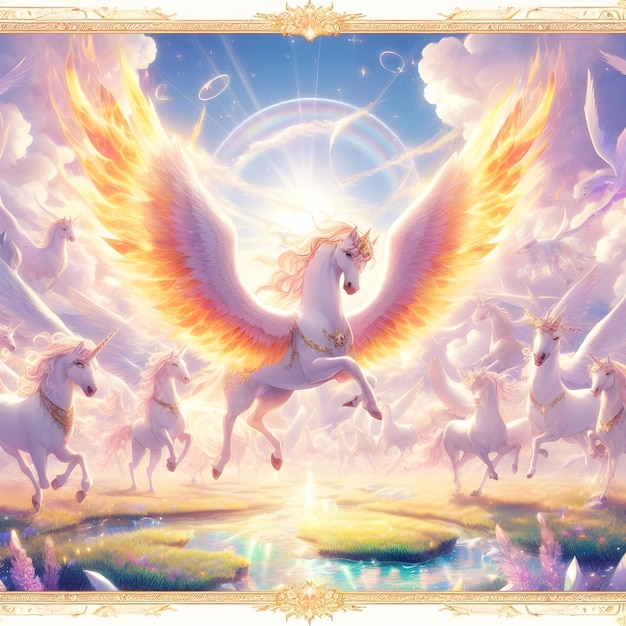 Genereren van een animestyle beeld van een hemelse boerderij gevuld met Pegasus