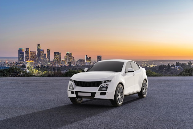 Generic and brandless SUV car parked on asphalt road with city skyline in the background 3d render