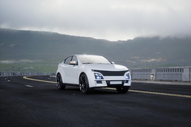 Generic and brandless SUV car on the road with mountain 3d render