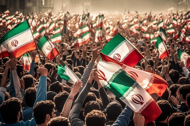 Generic Crowd Cheering with IRAN Flag Generative Ai