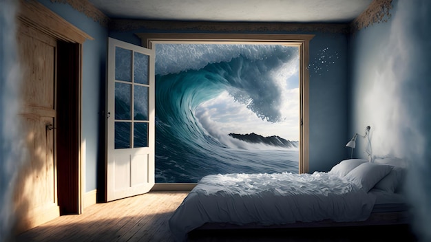 Generic empty bedroom with white double bed with ocean wave is about to cover it neural network generated art