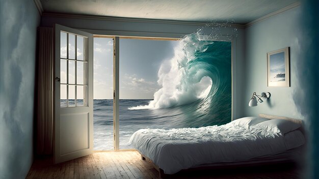 Generic empty bedroom with white double bed with ocean wave is about to cover it neural network generated art