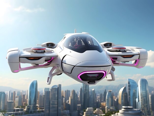 未来の都市を空に飛ぶ一般的なフューチャリストの乗組員付きのRoto Passenger Drone