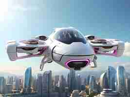 Photo generic futuristic manned roto passenger drone flying in the sky over modern city for future air