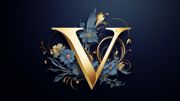 Generic logo floral design with gold letter V on blue navy isolated background