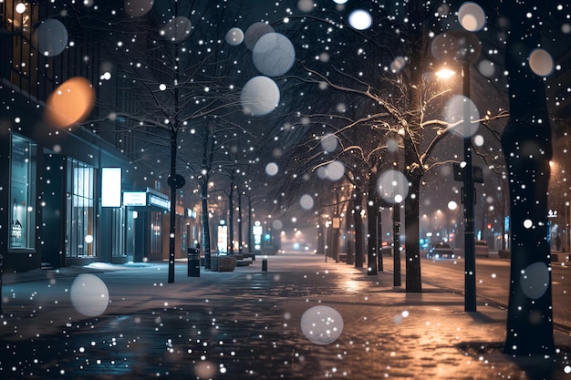 Foto nevicata generica sulla strada della città sullo sfondo in primo piano con messa a fuoco selettiva