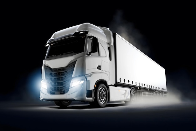 Generic and unbranded white truck on a dark smoky background 3D illustration