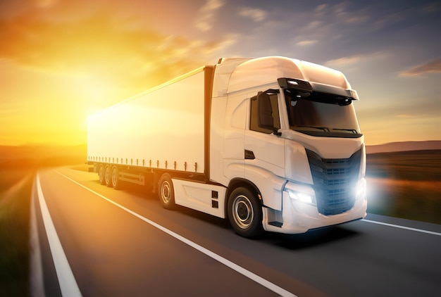generic and unbranded white truck speed driving at sunset 3d illustration