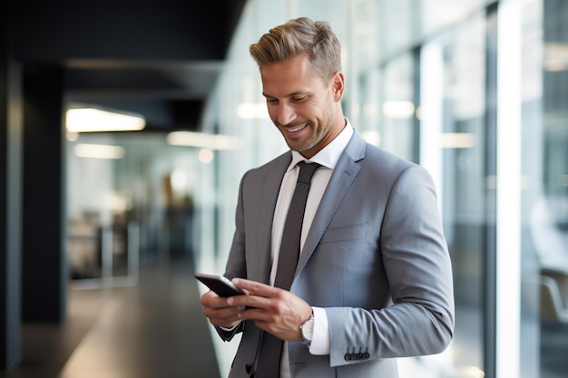 Generic well dressed man in a modern office looking at his phone smiling slightly