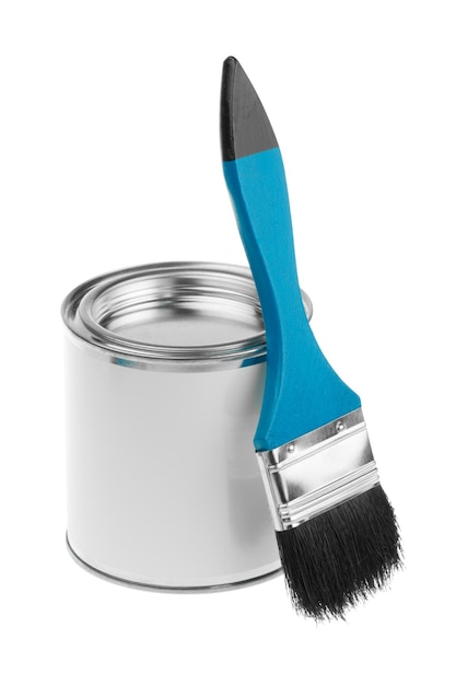 Generic white tin can with paint and flat brush