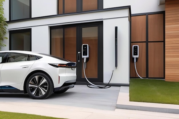 Generieke elektrische voertuig EV hybride auto wordt opgeladen via een wallbox