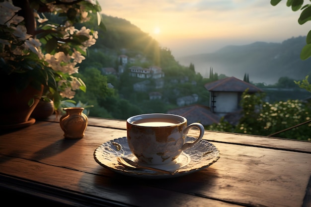 A Generous Cup of Coffee on a Wooden Tray